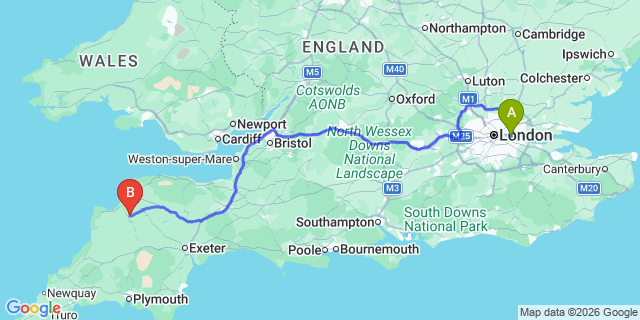 Map: London City Airport (LCY) to Great Torrington