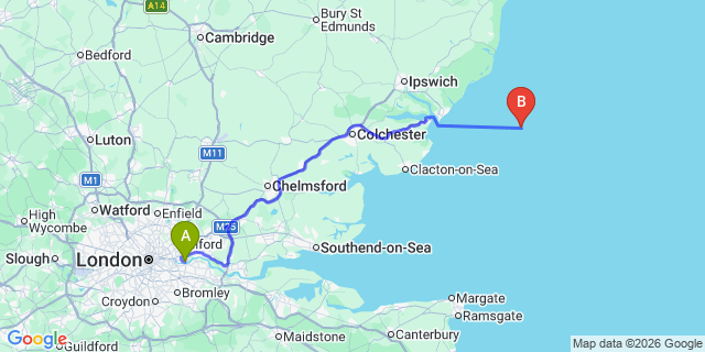 Map: London City Airport (LCY) to Great Yarmouth