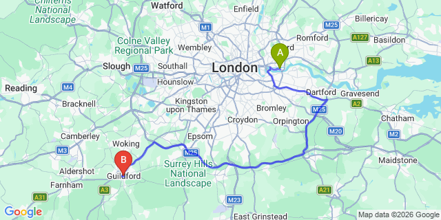 Map: London City Airport (LCY) to Guildford
