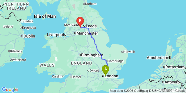 Map: London City Airport (LCY) to Halifax