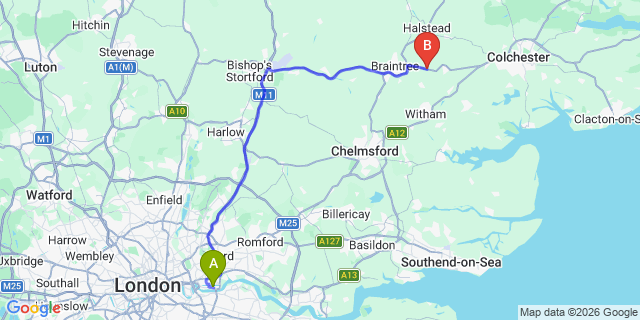 Map: London City Airport (LCY) to Halstead