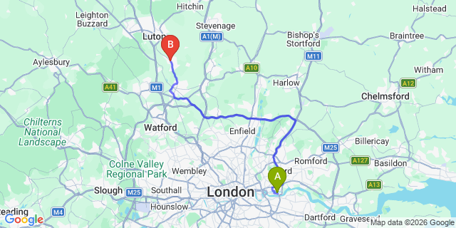 Map: London City Airport (LCY) to Harpenden