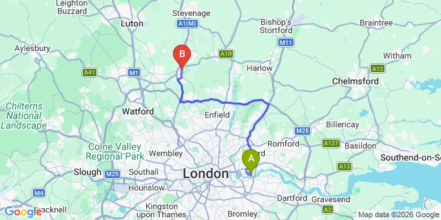 Map: London City Airport (LCY) to Hatfield