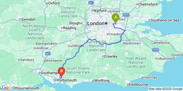 Map: London City Airport (LCY) to Havant