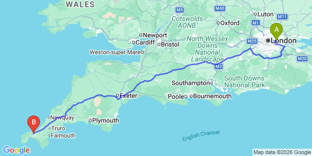 Map: London City Airport (LCY) to Hayle