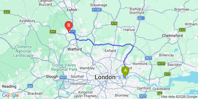 Map: London City Airport (LCY) to Hemel Hempstead