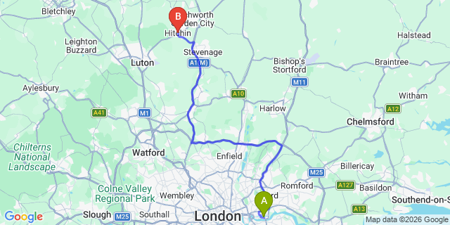 Map: London City Airport (LCY) to Hitchin