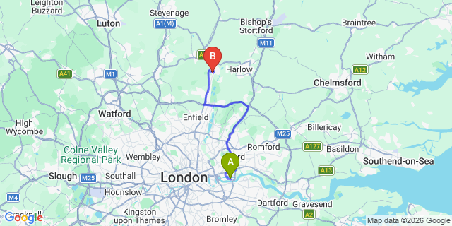 Map: London City Airport (LCY) to Hoddesdon