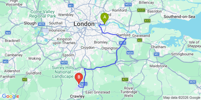 Map: London City Airport (LCY) to Horley