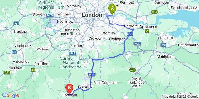 Map: London City Airport (LCY) to Horsham