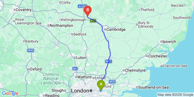 Map: London City Airport (LCY) to Huntingdon