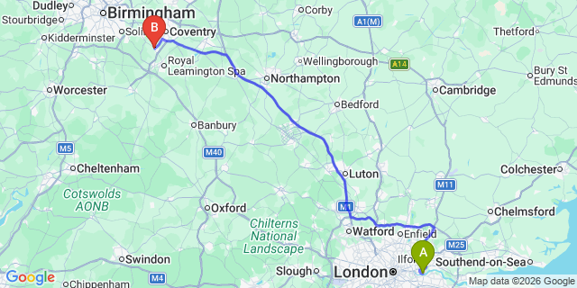 Map: London City Airport (LCY) to Kenilworth