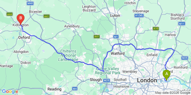 Map: London City Airport (LCY) to Kidlington
