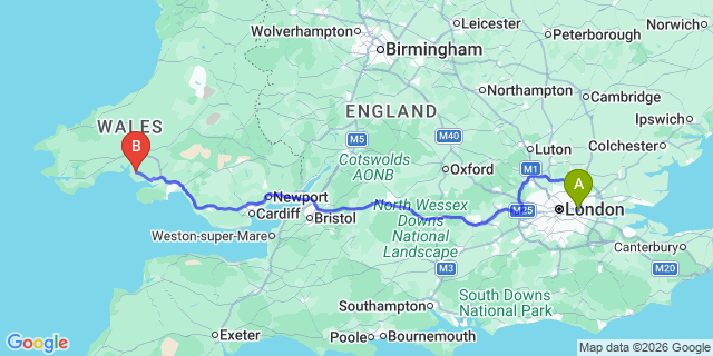 Map: London City Airport (LCY) to Kidwelly