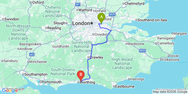 Map: London City Airport (LCY) to Lancing