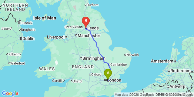 Map: London City Airport (LCY) to Leeds