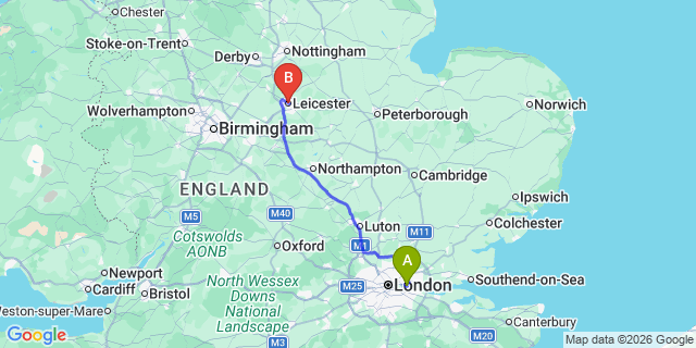 Map: London City Airport (LCY) to Leicester