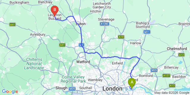 Map: London City Airport (LCY) to Leighton Buzzard