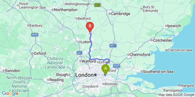 Map: London City Airport (LCY) to Letchworth