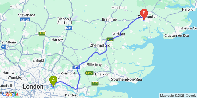 Map: London City Airport (LCY) to Lexden