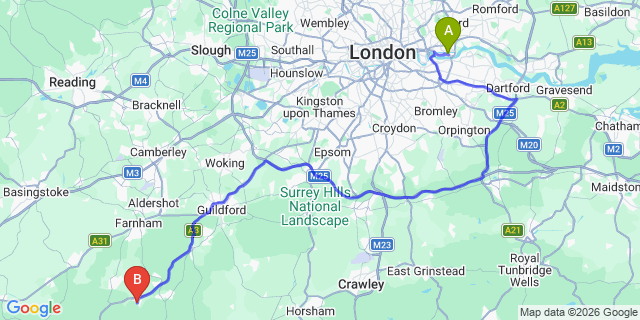 Map: London City Airport (LCY) to Liphook