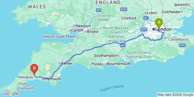 Map: London City Airport (LCY) to Liskeard