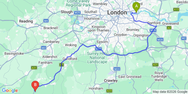 Map: London City Airport (LCY) to Liss