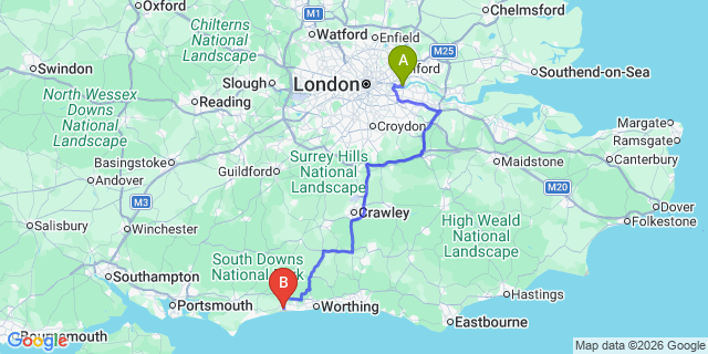 Map: London City Airport (LCY) to Littlehampton