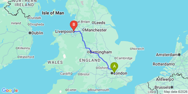 Map: London City Airport (LCY) to Liverpool