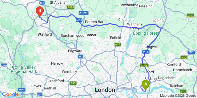 Map: London City Airport (LCY) to London - Abbots Langley