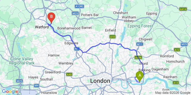 Map: London City Airport (LCY) to London - Aldenham