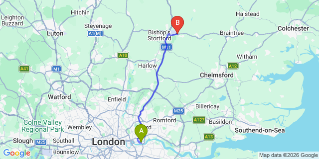 Map: London City Airport (LCY) to London - Aveley
