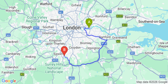 Map: London City Airport (LCY) to London - Banstead