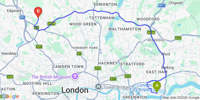 Map: London City Airport (LCY) to London - Barnet