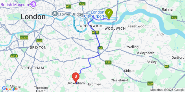Map: London City Airport (LCY) to London - Beckenham