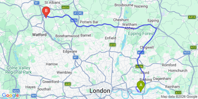 Map: London City Airport (LCY) to London - Bricket Wood