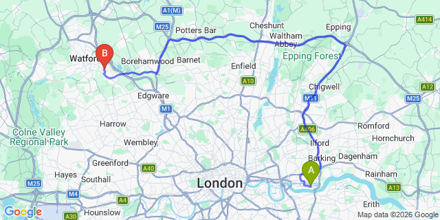 Map: London City Airport (LCY) to London - Bushey