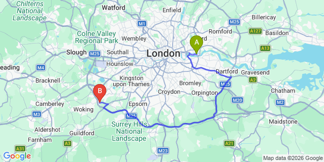 Map: London City Airport (LCY) to London - Byfleet