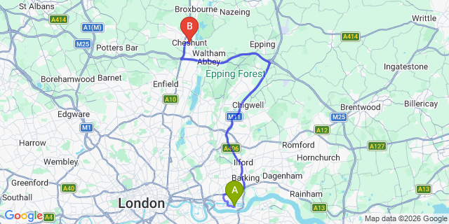 Map: London City Airport (LCY) to London - Cheshunt