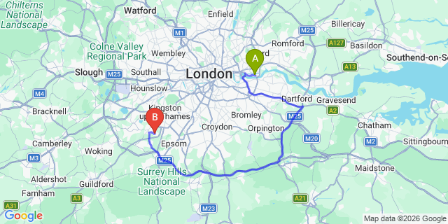 Map: London City Airport (LCY) to London - Claygate