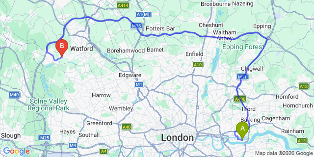 Map: London City Airport (LCY) to London - Croxley Green