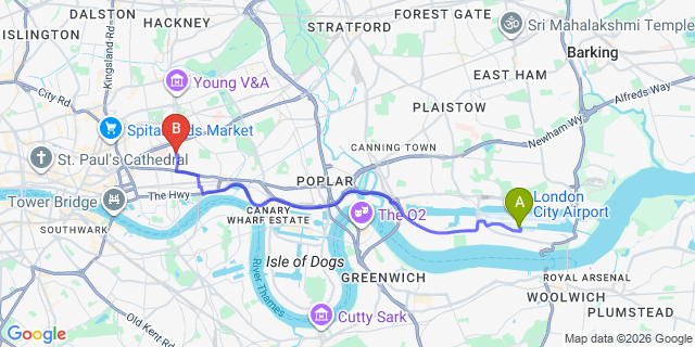 Map: London City Airport (LCY) to London E1