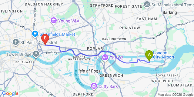 Map: London City Airport (LCY) to e1 whitechapel