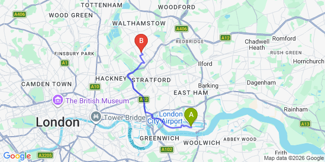 Map: London City Airport (LCY) to London E10