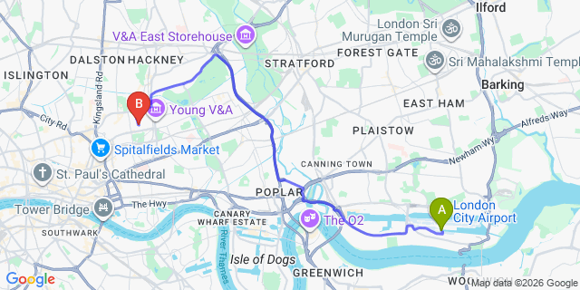 Map: London City Airport (LCY) to E2 Bethnal Green