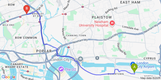 Map: London City Airport (LCY) to E3 Bow