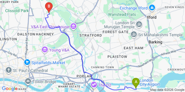Map: London City Airport (LCY) to London E5