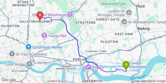 Map: London City Airport (LCY) to London E8