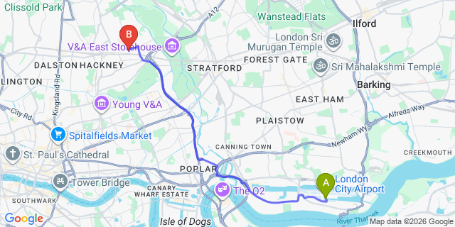 Map: London City Airport (LCY) to London E9