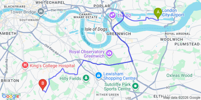 Map: London City Airport (LCY) to London - East Dulwich